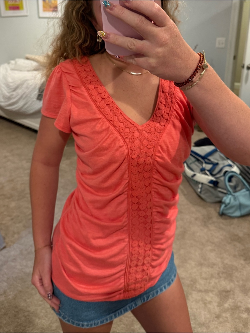 Maurices Coral Crochet-Trim V-Neck Short Sleeve Top fits a small